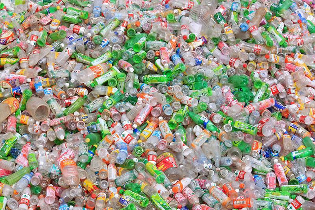 Empty Chinese plastic bottles ready to be recycled