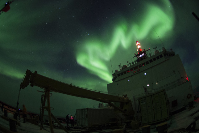 Aurora borealis is observed from Coast Guard Cutter Healy Oct. 4, 2015, while conducting science operations in the southern Arctic Ocean. Healy is underway in the Arctic Ocean in support of the National Science Foundation-funded Arctic GEOTRACES, part of an international effort to study the distribution of trace elements in the world's oceans. U.S. Coast Guard photo by Petty Officer 2nd Class Cory J. Mendenhall. US Coast Guard