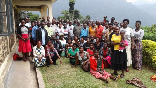 A group photo of VHCTs after  a training at the Gorilla Health and Community Conservation Center