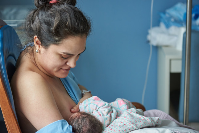 Latina,Mom,Breast,Feeding,Newborn,Baby,In,Private,Hospital