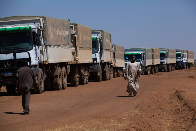 10 February 2014. El Fasher: World Food Programme truck drivers walk around while their colleagues change a flat tire from one of the vehicles of the convoy traveling from El Fasher to Shangil Tobaya, North Darfur. The road trip, nearly 100 kilometers, took more than 8 hours due to difficult road conditions. The convoy, formed by 10 trailers with two containers each, was protected all the way by UNAMID troops from Ethiopia and Rwanda. More than 350 metric tons of goods, basically oil and sorghum, were distributed to the Internally Displaced People (IDP) in Nifasha and Shaddad camps. WFP through its partner, Africa Humanitarian Action (AHA), provides food for around 20,000 beneficiaries in the camps, who have fled from different surrounding villages in the region; some 14km north of the South Darfur border and at the midpoint between El-Fasher and Nyala. WFP food remains the main source of food for IDPs in Shangil Tobaya.  Photo by Albert Gonzalez Farran, UNAMID.