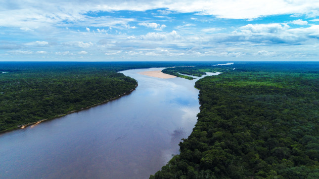 Aerial view of a free-flowing river in the Bolivian Amazon, Boliva.