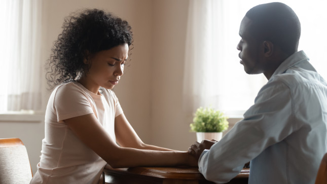 African,Spouses,Married,Couple,Sit,Together,Hold,Hands,Loving,Husband