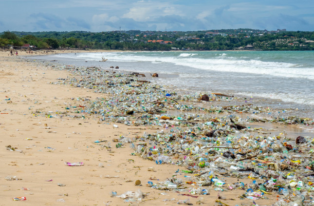 Plastic waste in Jimabaran Bay, Bali, Indonesia