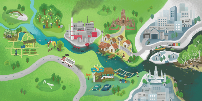 illustration of plastic waste flowing through the river, courtesy of Neutron T / The Third Pole. 