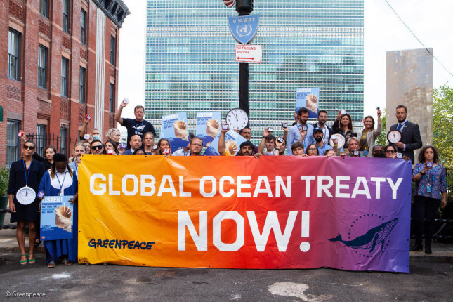 Greenpeace together with the High Seas Alliance gather for a photo op outside the United Nations in New York to remind delegates that time is running out and demand they  agree a strong global ocean treaty.   Governments are meeting at the United Nations in New York this week to negotiate a new Global Ocean Treaty, which will determine the fate of the oceans.